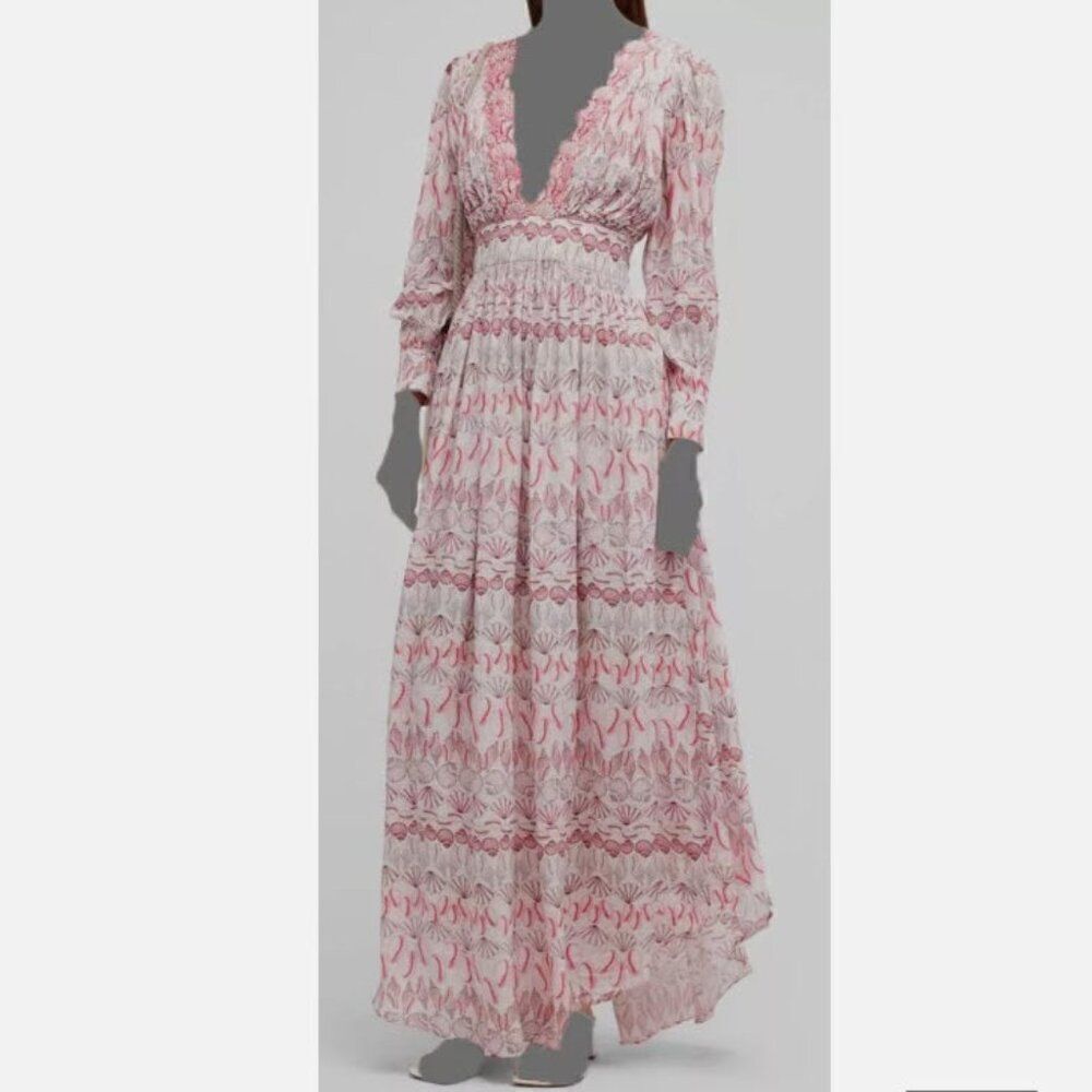 $515 Taj by Sabrina Women's Pink Kastoria Seashell Long-Sleeve Maxi Dress Size S